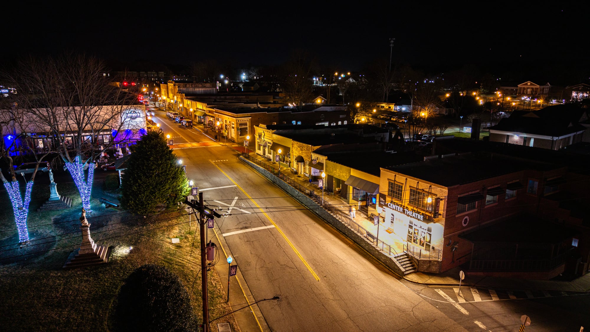 Aerial view of downtown Fort Mill, South Carolina at night