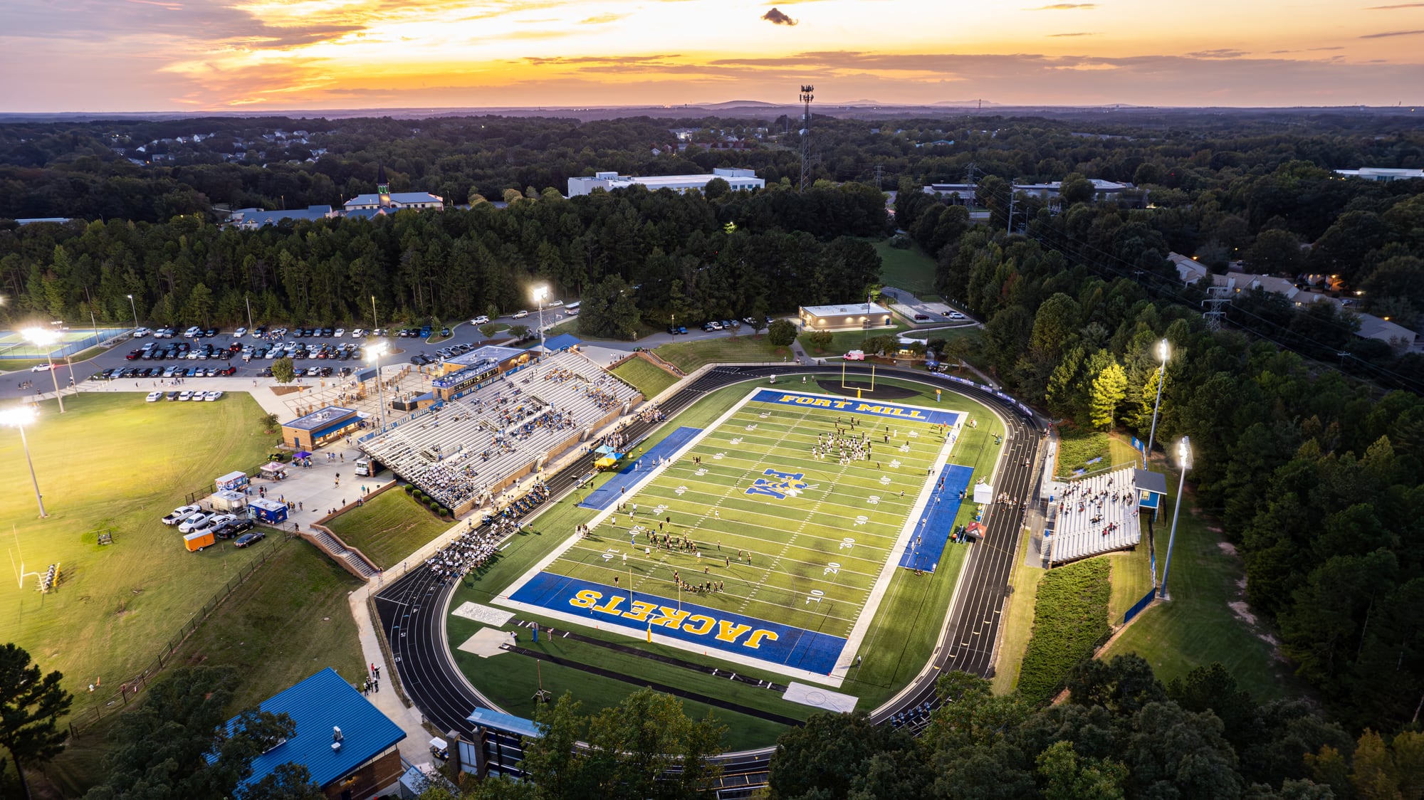 Fort Mill High School football stadium before a game at sunset